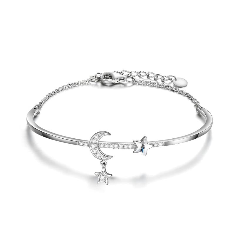 Sterling Silver Moon  Star Bangle Bracelet Embellished with Crystals from Austria