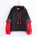 Embroidered Sleeves Wave Print Contrast Color And Velvet Padded Pullover Sweater Women