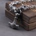 Wolf Head with Square Chain Necklace Thor's hammer Mjolnir Viking Necklace With Wooden Box