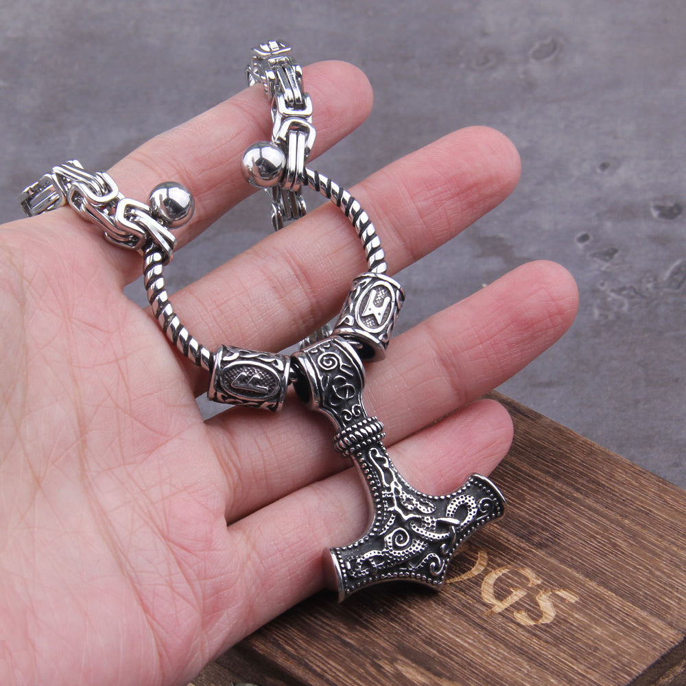 Stainless Steel king chain with rune beads and thor, hammer viking necklace  with wooden box as boyfriend gift