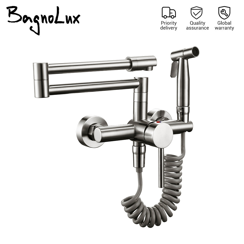 Kitchen Mixer Tap With Sprayer Hot And Cold Stream Wall Mount Pot Filler Faucet - Minihomy